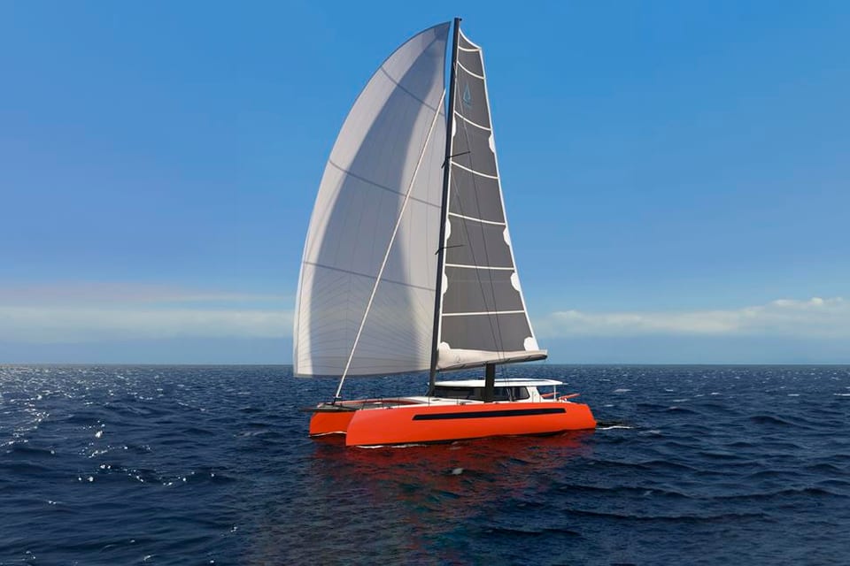 An orange-hulled cruising catamaran sailing under a white spinnaker on open blue water.