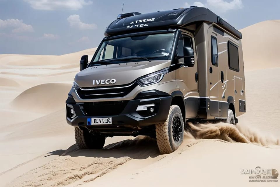 A modern IVECO 4x4 off-road motorhome driving over desert dunes.